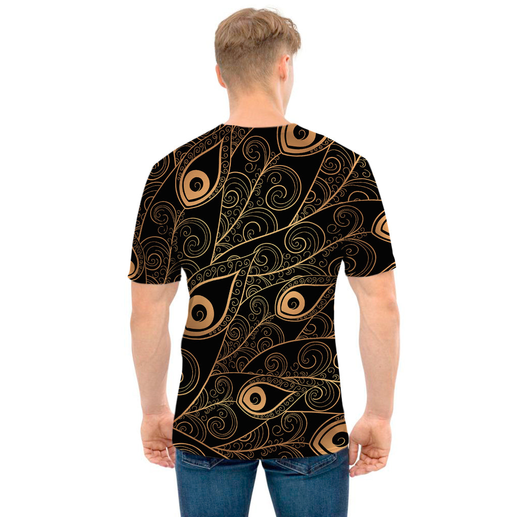 Black And Gold Peacock Feather Print Men's T-Shirt