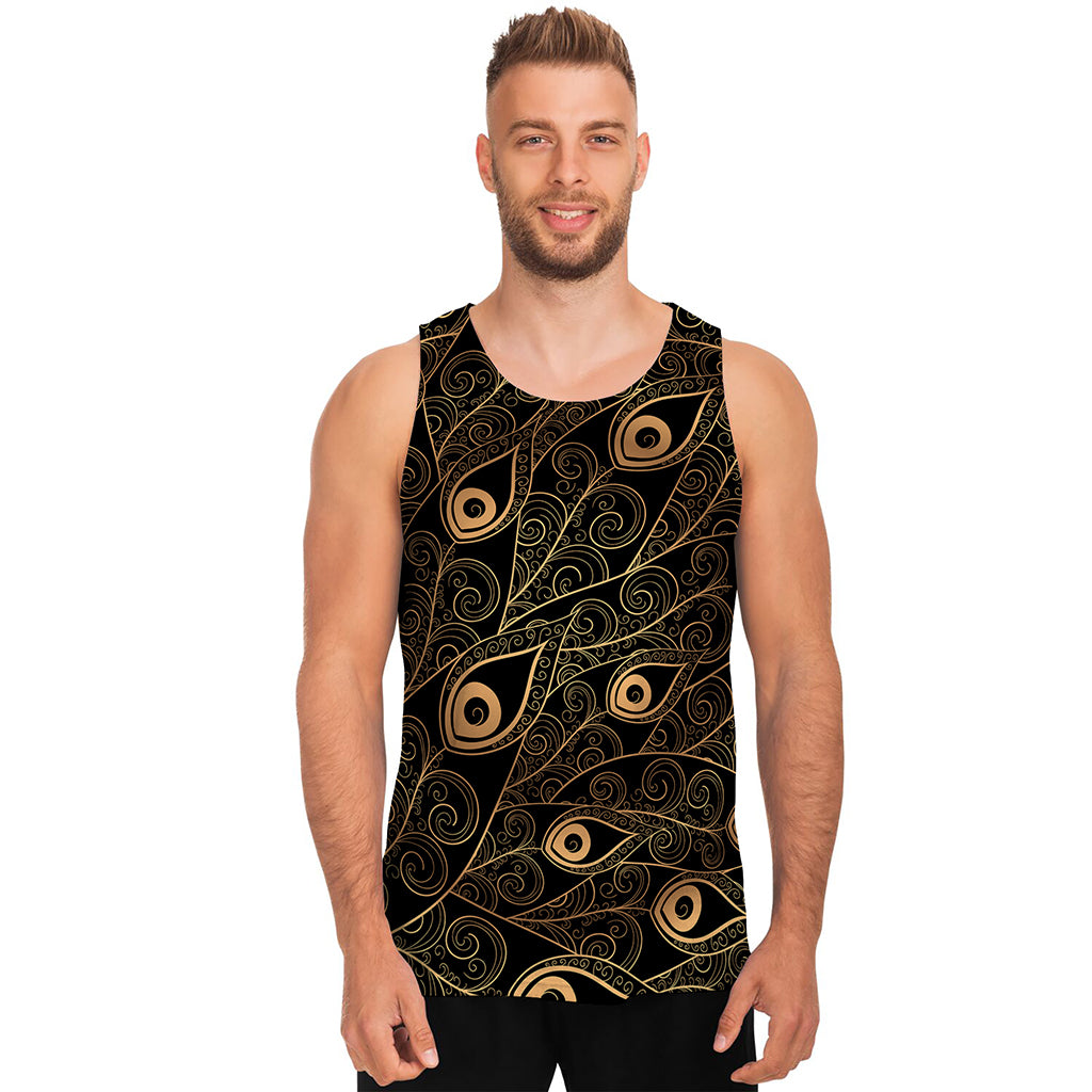 Black And Gold Peacock Feather Print Men's Tank Top