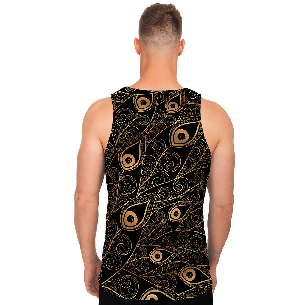 Black And Gold Peacock Feather Print Men's Tank Top
