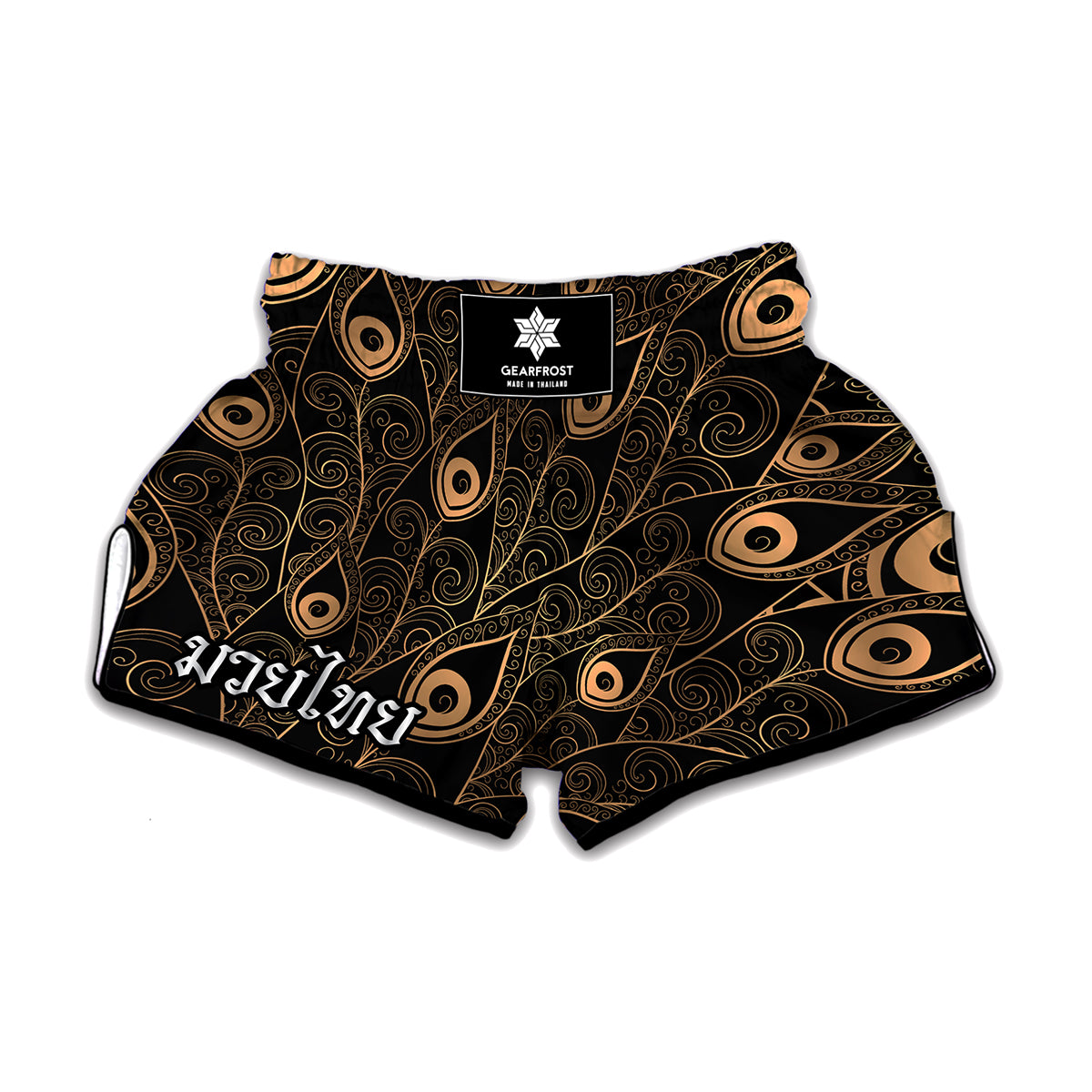 Black And Gold Peacock Feather Print Muay Thai Boxing Shorts