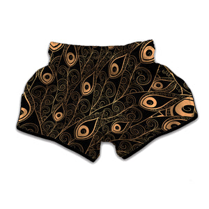 Black And Gold Peacock Feather Print Muay Thai Boxing Shorts