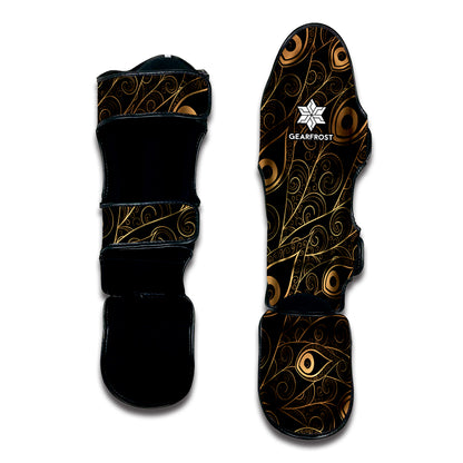 Black And Gold Peacock Feather Print Muay Thai Shin Guard