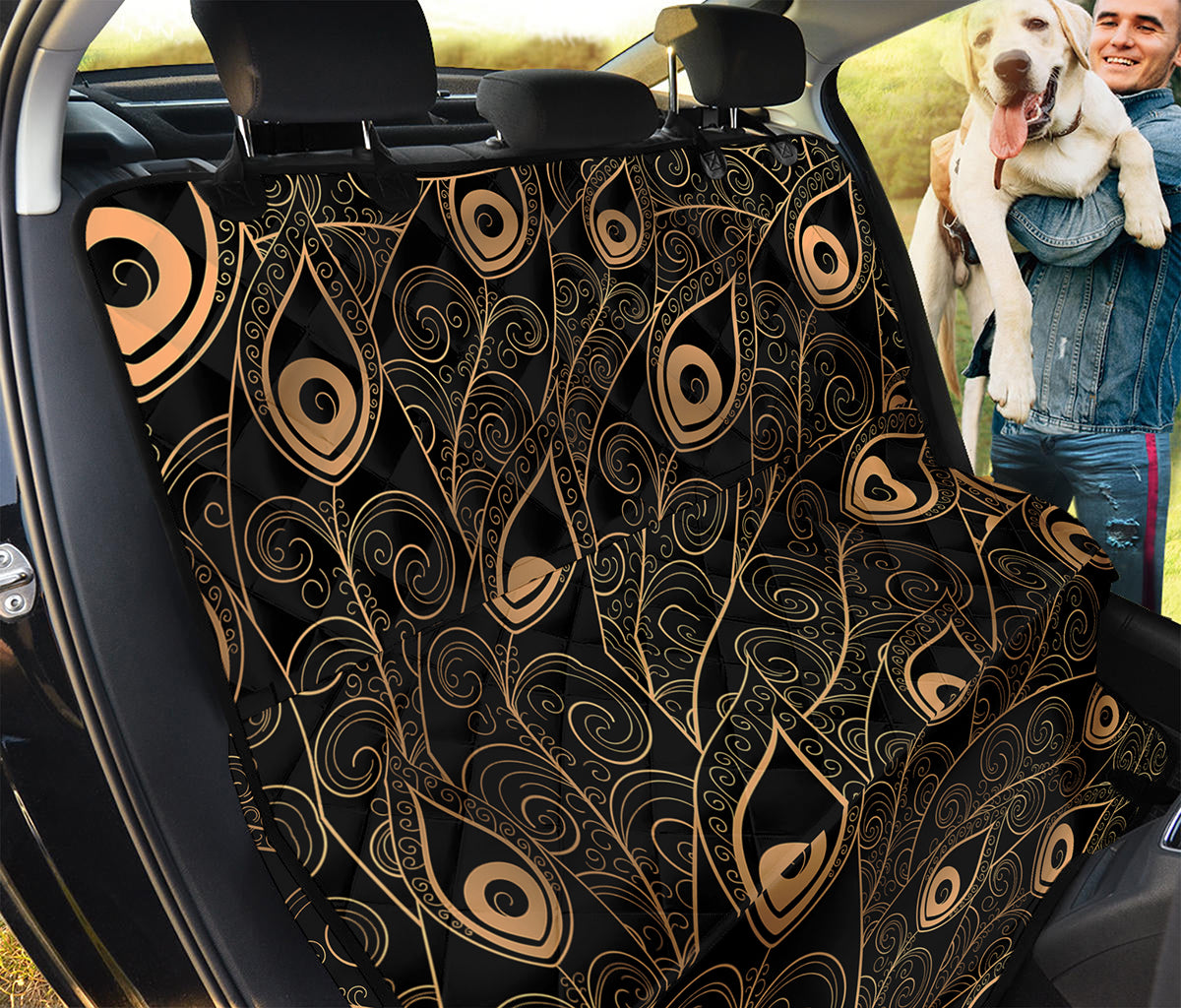 Black And Gold Peacock Feather Print Pet Car Back Seat Cover