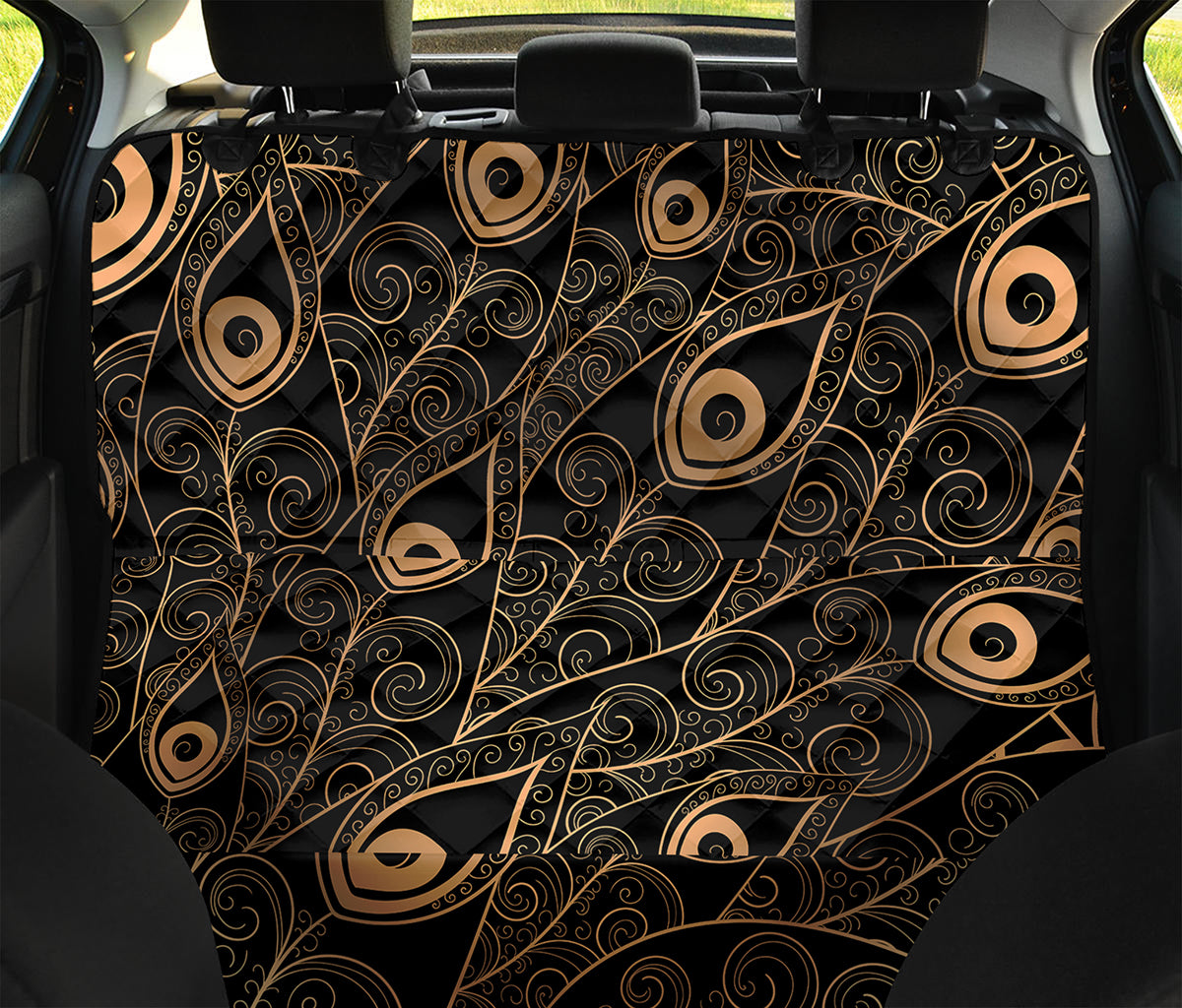 Black And Gold Peacock Feather Print Pet Car Back Seat Cover