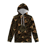 Black And Gold Peacock Feather Print Pullover Hoodie