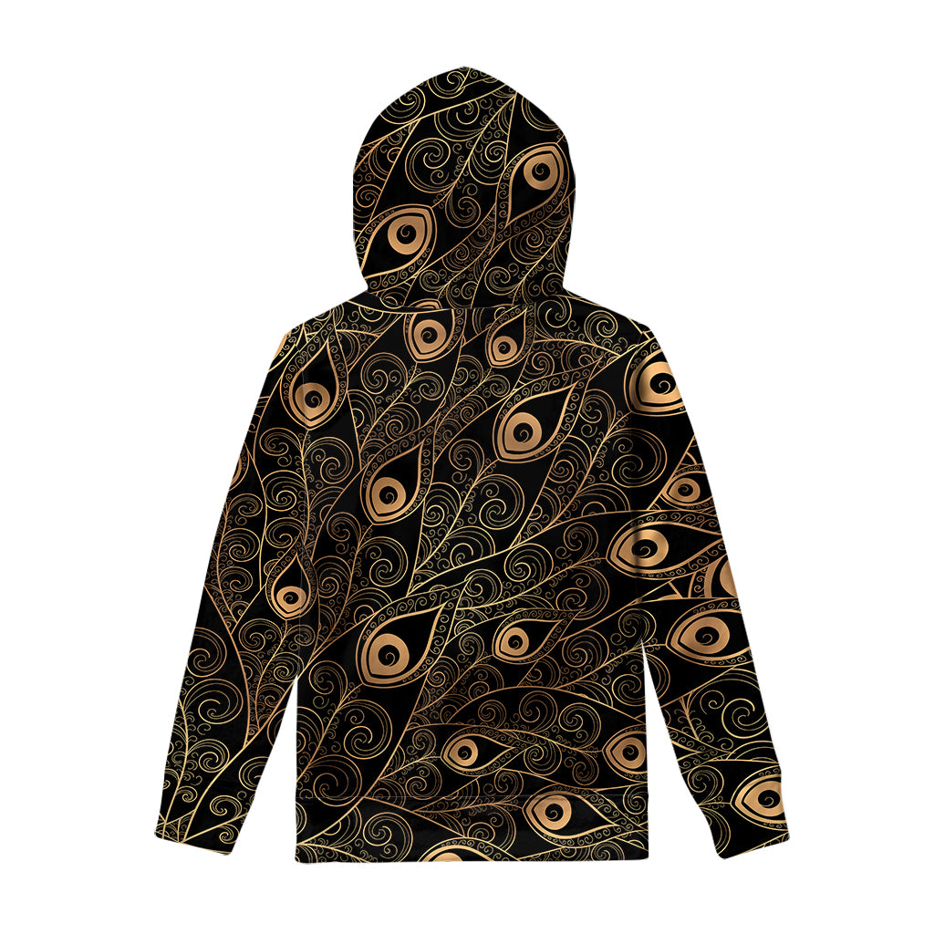 Black And Gold Peacock Feather Print Pullover Hoodie