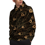 Black And Gold Peacock Feather Print Pullover Hoodie