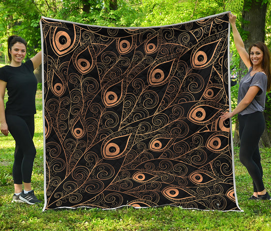 Black And Gold Peacock Feather Print Quilt