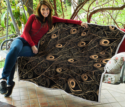 Black And Gold Peacock Feather Print Quilt