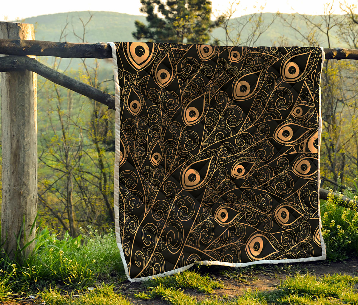Black And Gold Peacock Feather Print Quilt
