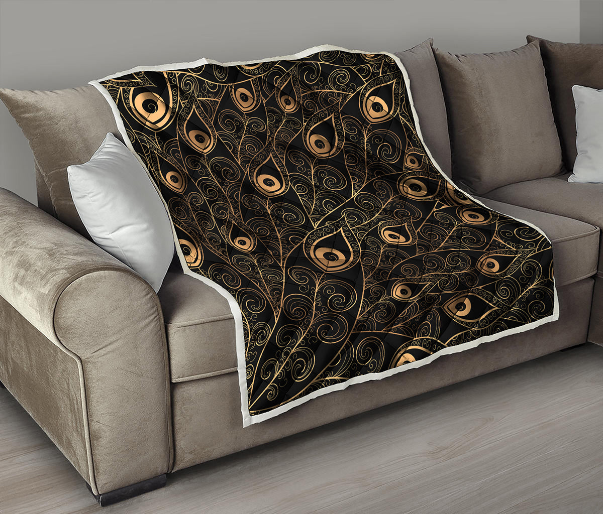 Black And Gold Peacock Feather Print Quilt