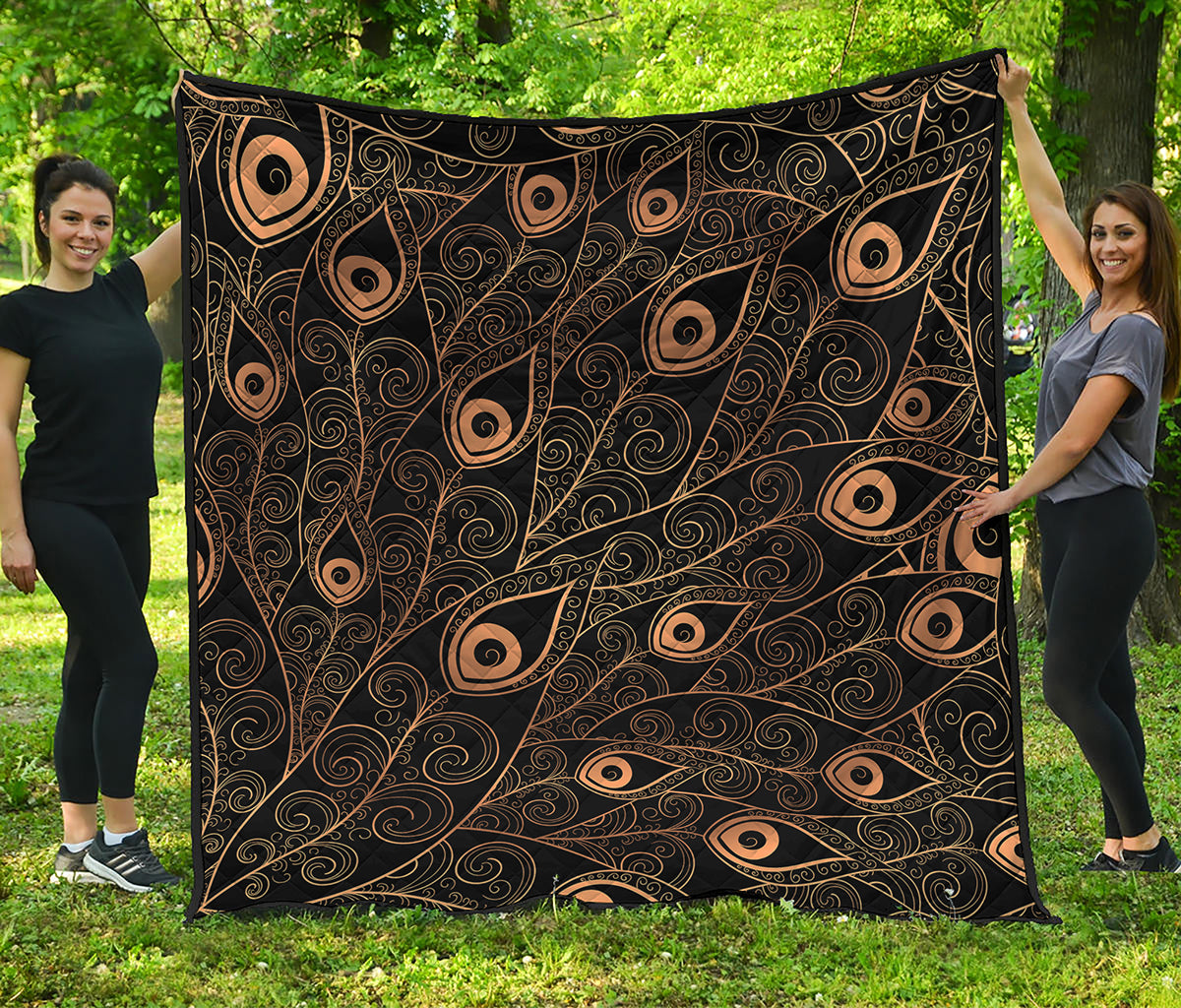 Black And Gold Peacock Feather Print Quilt