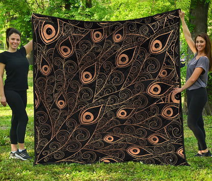 Black And Gold Peacock Feather Print Quilt