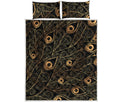 Black And Gold Peacock Feather Print Quilt Bed Set