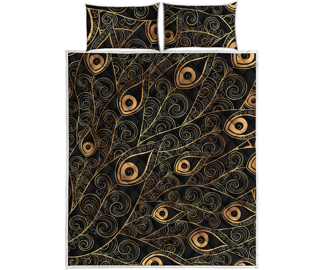 Black And Gold Peacock Feather Print Quilt Bed Set