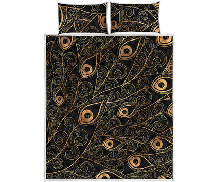 Black And Gold Peacock Feather Print Quilt Bed Set
