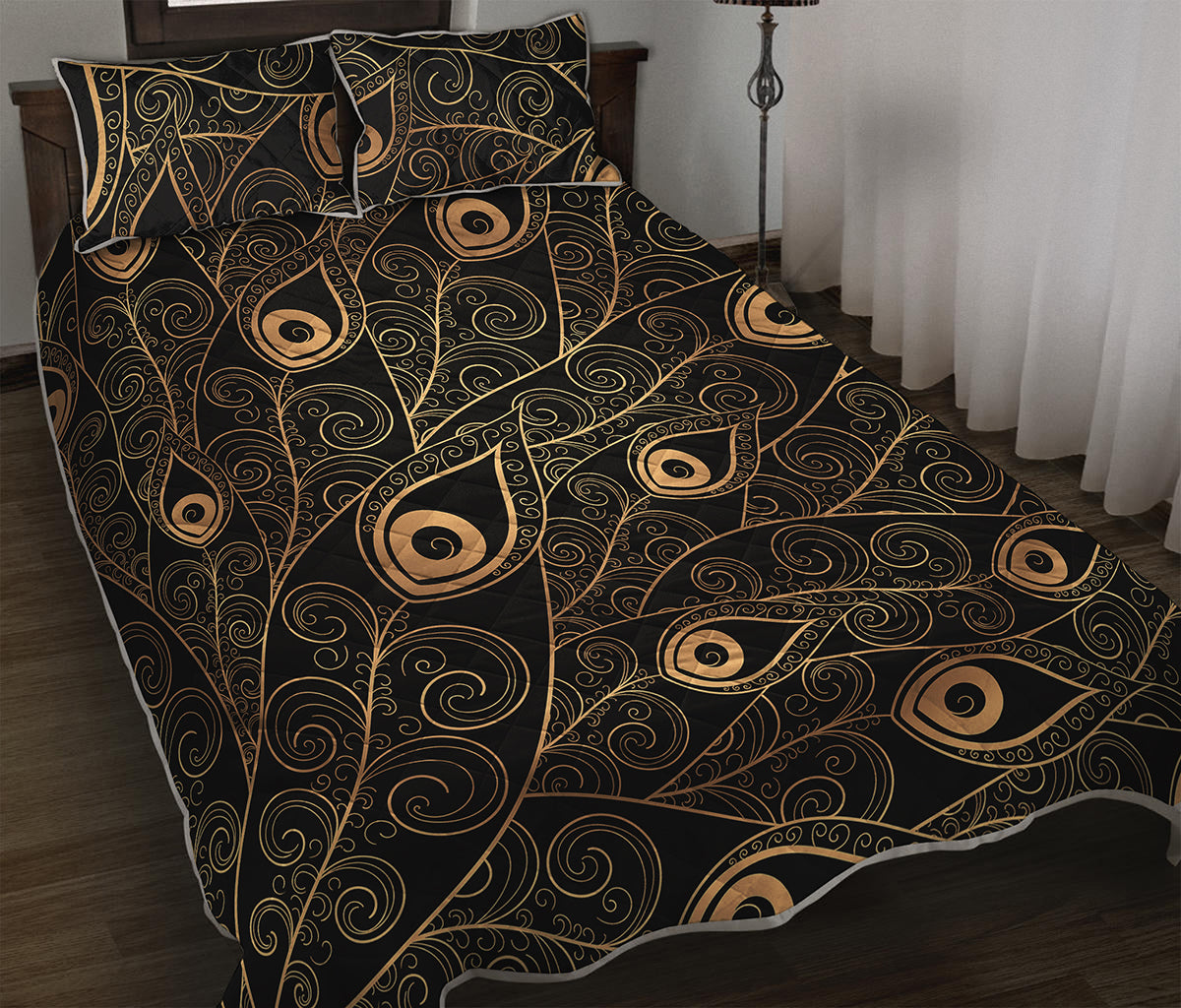 Black And Gold Peacock Feather Print Quilt Bed Set