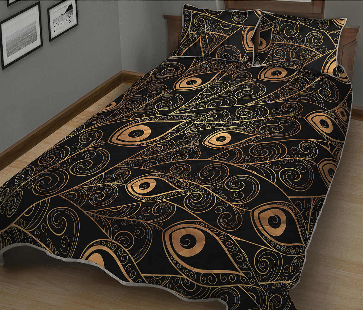 Black And Gold Peacock Feather Print Quilt Bed Set