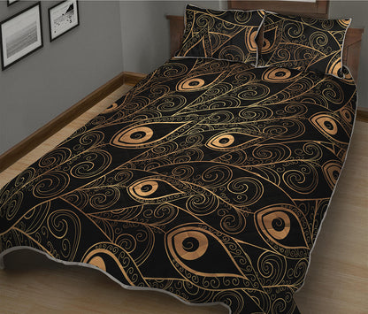 Black And Gold Peacock Feather Print Quilt Bed Set