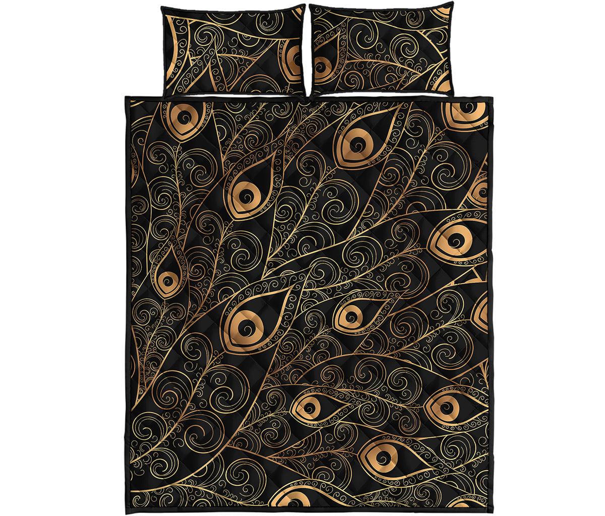 Black And Gold Peacock Feather Print Quilt Bed Set