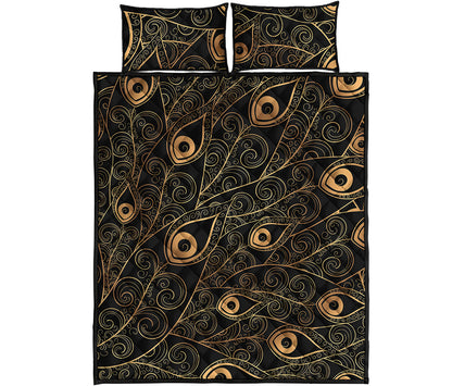 Black And Gold Peacock Feather Print Quilt Bed Set