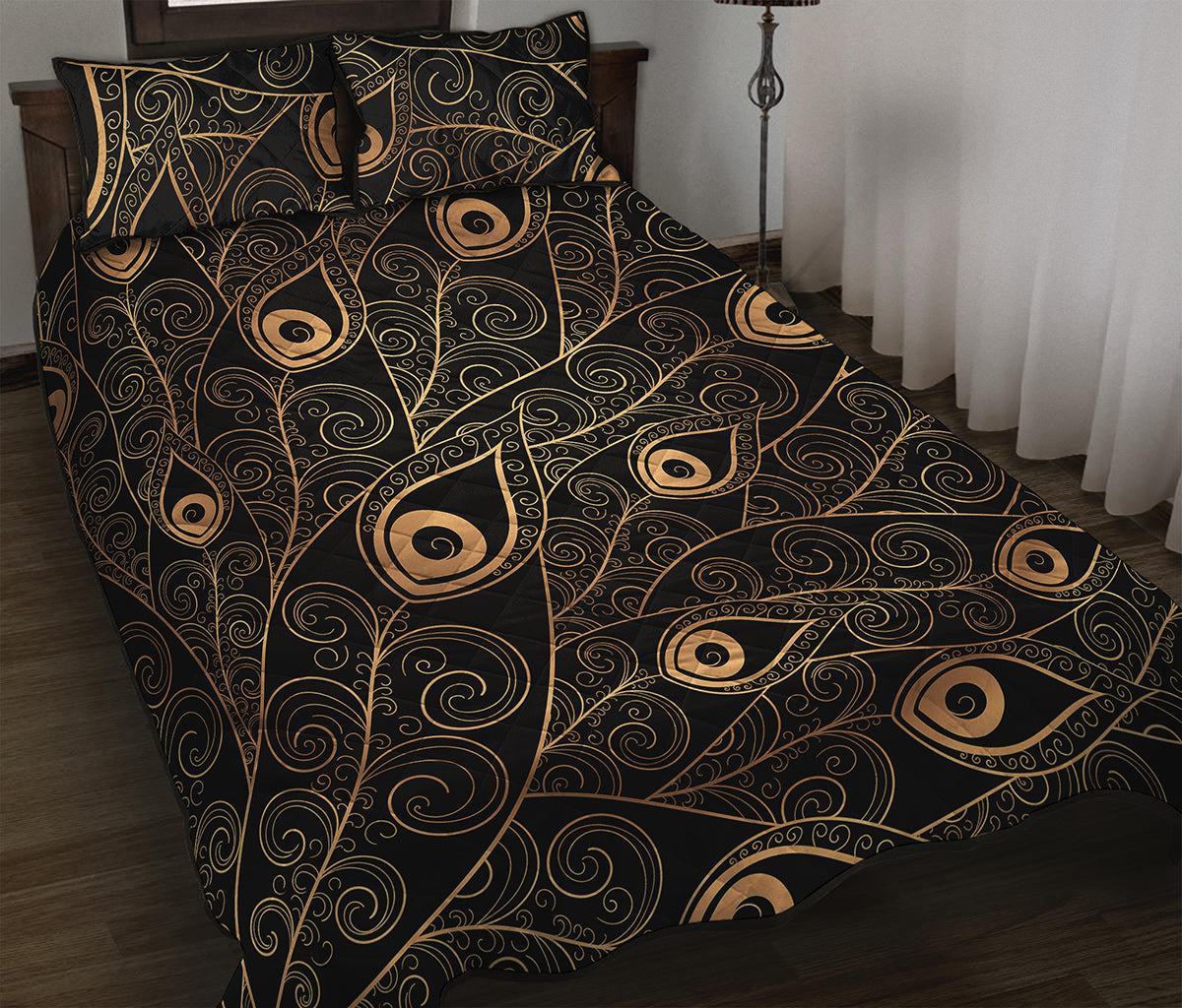 Black And Gold Peacock Feather Print Quilt Bed Set