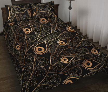 Black And Gold Peacock Feather Print Quilt Bed Set