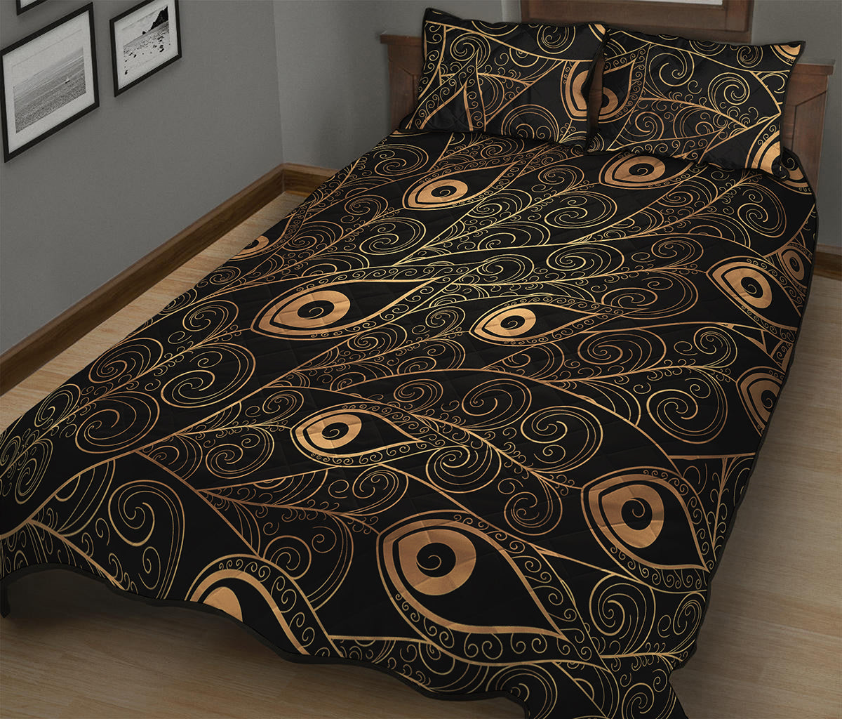 Black And Gold Peacock Feather Print Quilt Bed Set