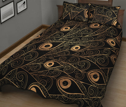 Black And Gold Peacock Feather Print Quilt Bed Set