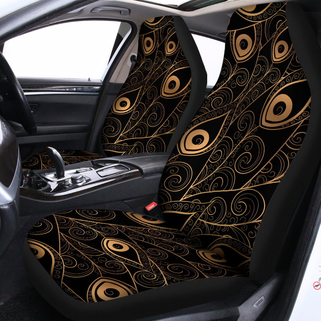 Black And Gold Peacock Feather Print Universal Fit Car Seat Covers