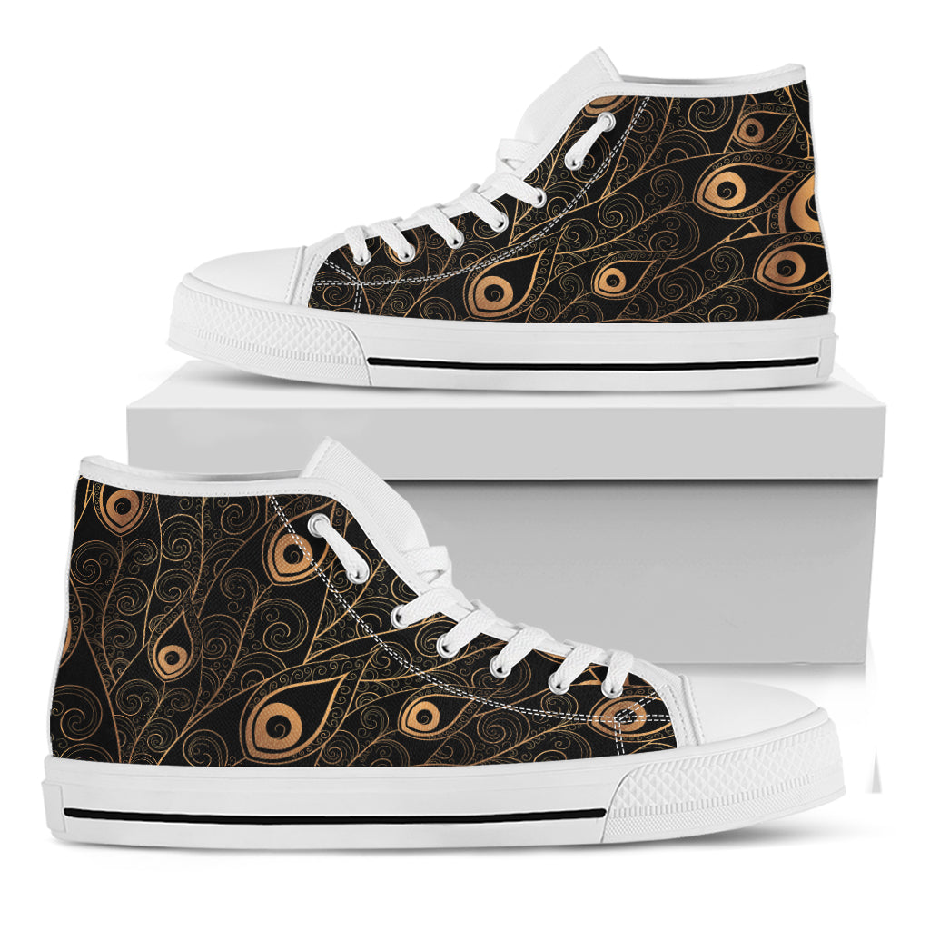 Black And Gold Peacock Feather Print White High Top Shoes