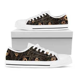 Black And Gold Peacock Feather Print White Low Top Shoes