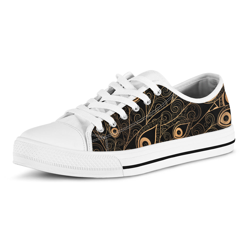 Black And Gold Peacock Feather Print White Low Top Shoes