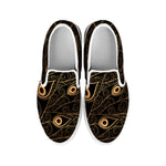 Black And Gold Peacock Feather Print White Slip On Shoes