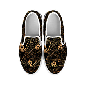 Black And Gold Peacock Feather Print White Slip On Shoes