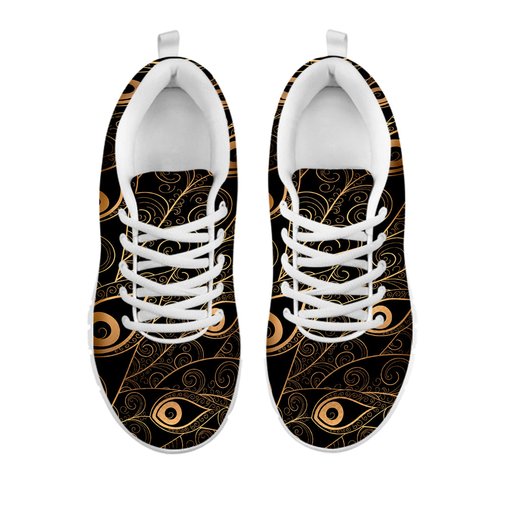 Black And Gold Peacock Feather Print White Sneakers