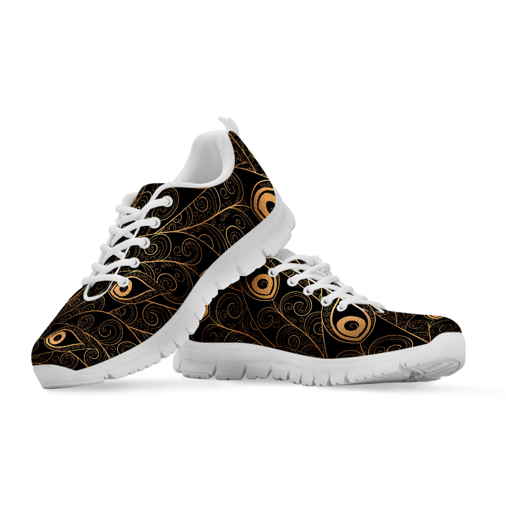 Black And Gold Peacock Feather Print White Sneakers