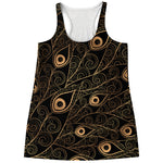 Black And Gold Peacock Feather Print Women's Racerback Tank Top