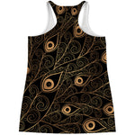 Black And Gold Peacock Feather Print Women's Racerback Tank Top