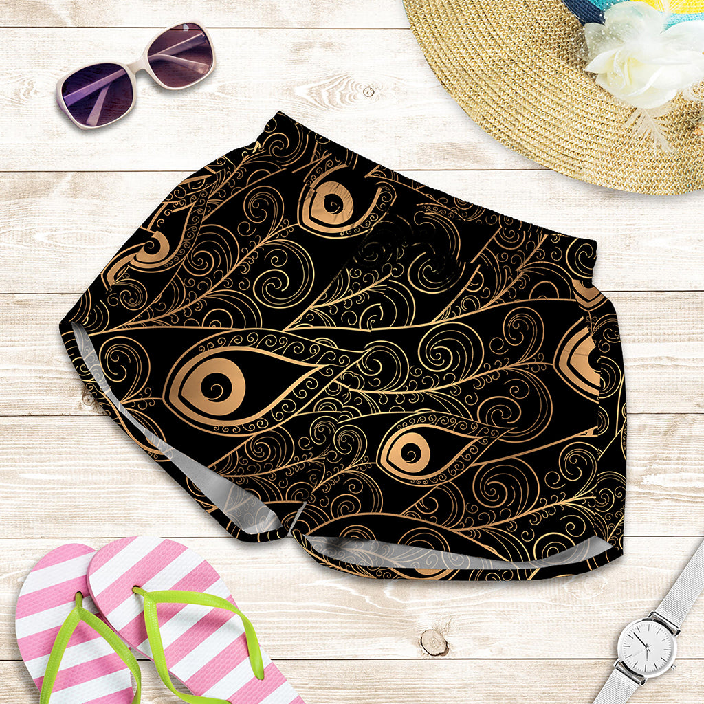 Black And Gold Peacock Feather Print Women's Shorts