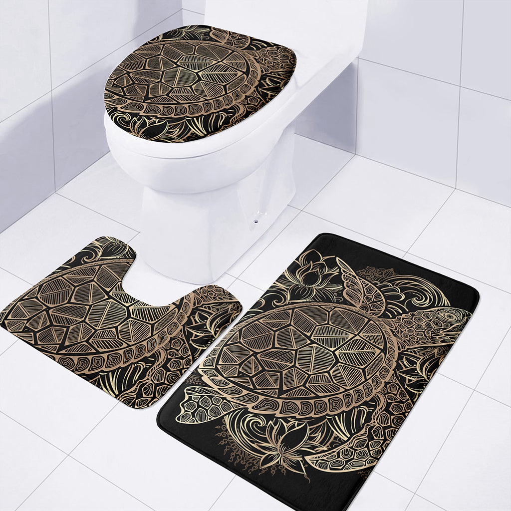 Black And Gold Sea Turtle Print 3 Piece Bath Mat Set