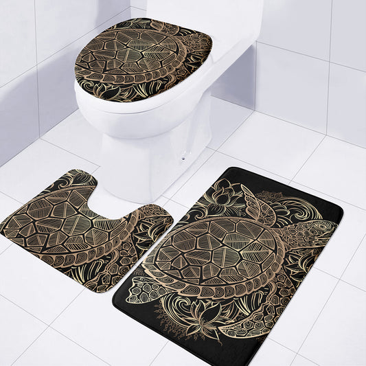Black And Gold Sea Turtle Print 3 Piece Bath Mat Set