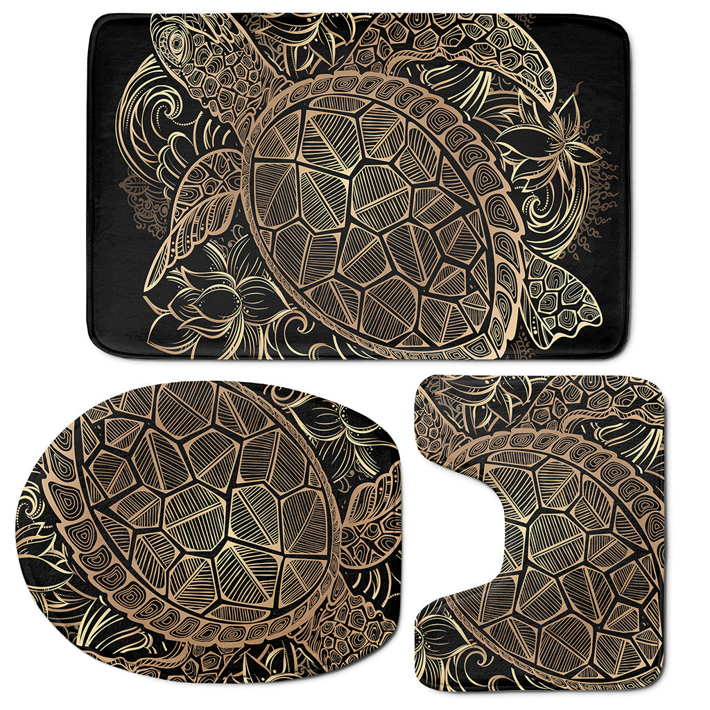 Black And Gold Sea Turtle Print 3 Piece Bath Mat Set