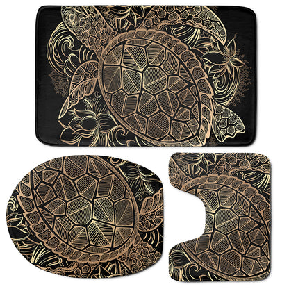 Black And Gold Sea Turtle Print 3 Piece Bath Mat Set