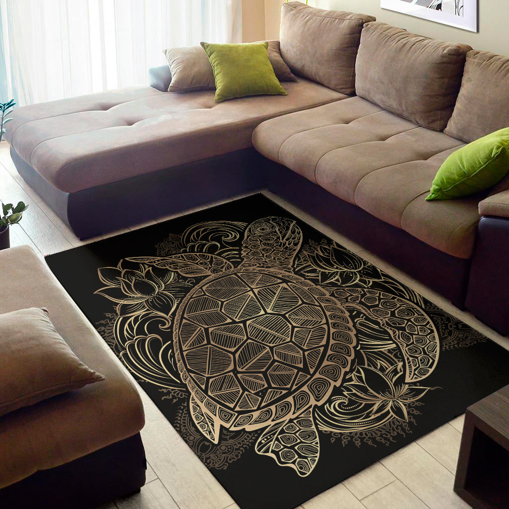 Black And Gold Sea Turtle Print Area Rug