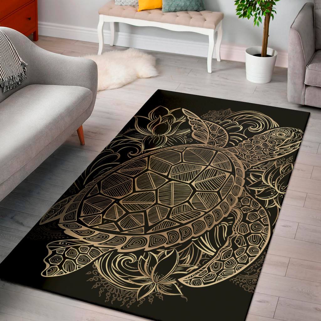 Black And Gold Sea Turtle Print Area Rug