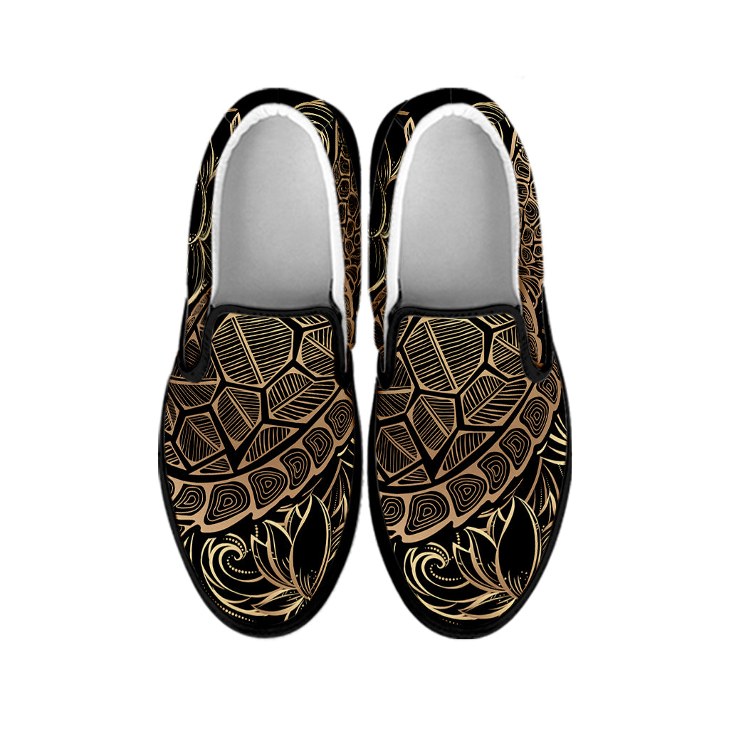 Black And Gold Sea Turtle Print Black Slip On Shoes