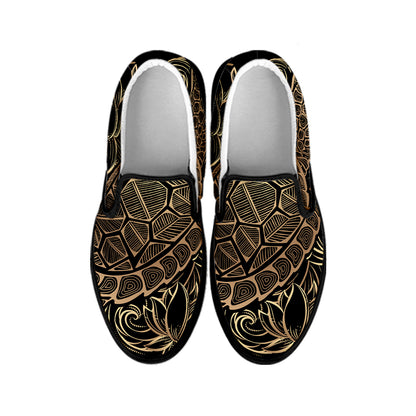 Black And Gold Sea Turtle Print Black Slip On Shoes