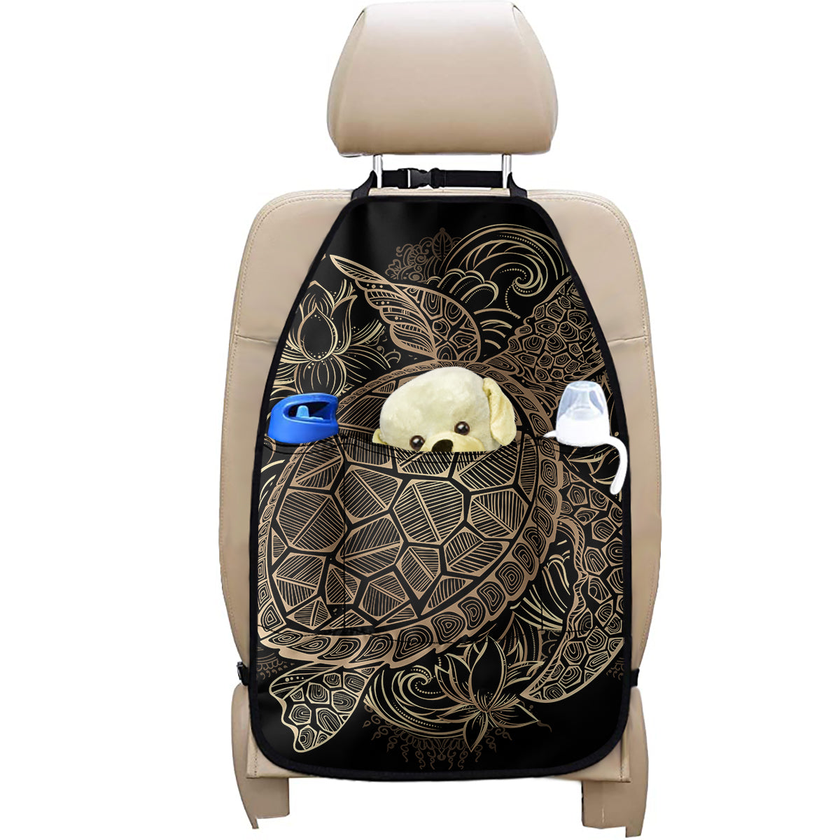Black And Gold Sea Turtle Print Car Seat Organizers