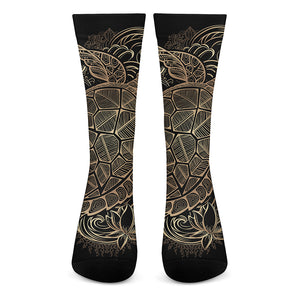 Black And Gold Sea Turtle Print Crew Socks